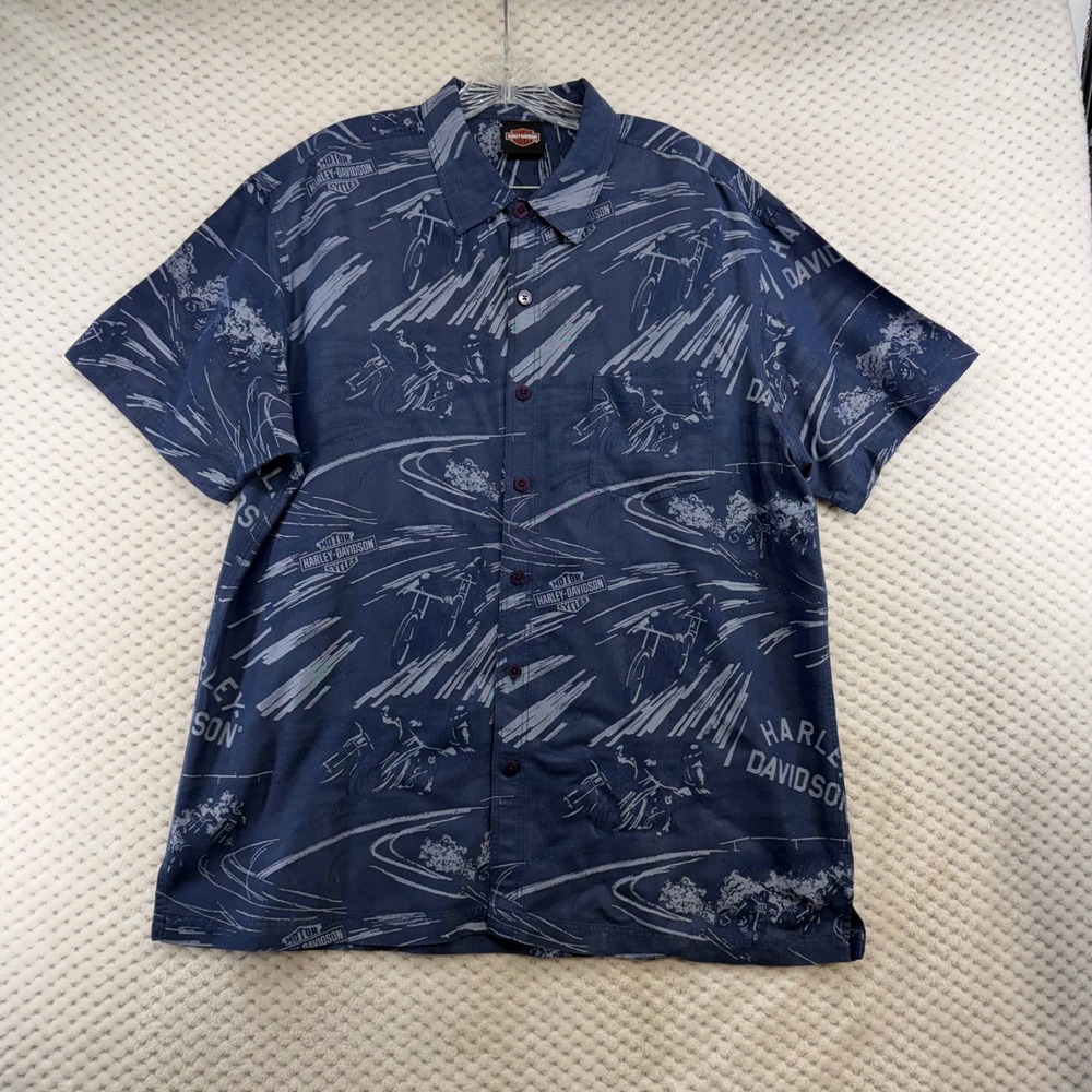 Harley Davidson Button Down Shirt Mens XL Blue Short Sleeve Motorcycle Print - Picture 2 of 9